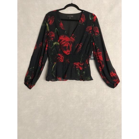 GUESS Women's Medium V-Neck Smocked Sheer Long Sleeve Floral Top NEW - Picture 1 of 7